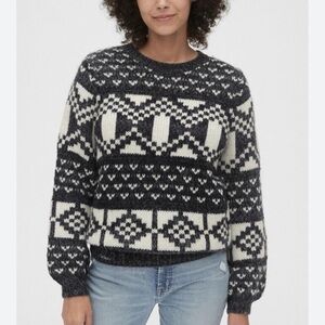 GAP WOMENS CHUNKY FAIR ISLE SWEATER GRAY WHITE SMALL